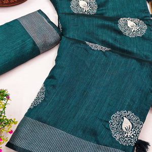 Teal Embroidered Art Silk Saree Adorned with Classic Zari Weaving Details