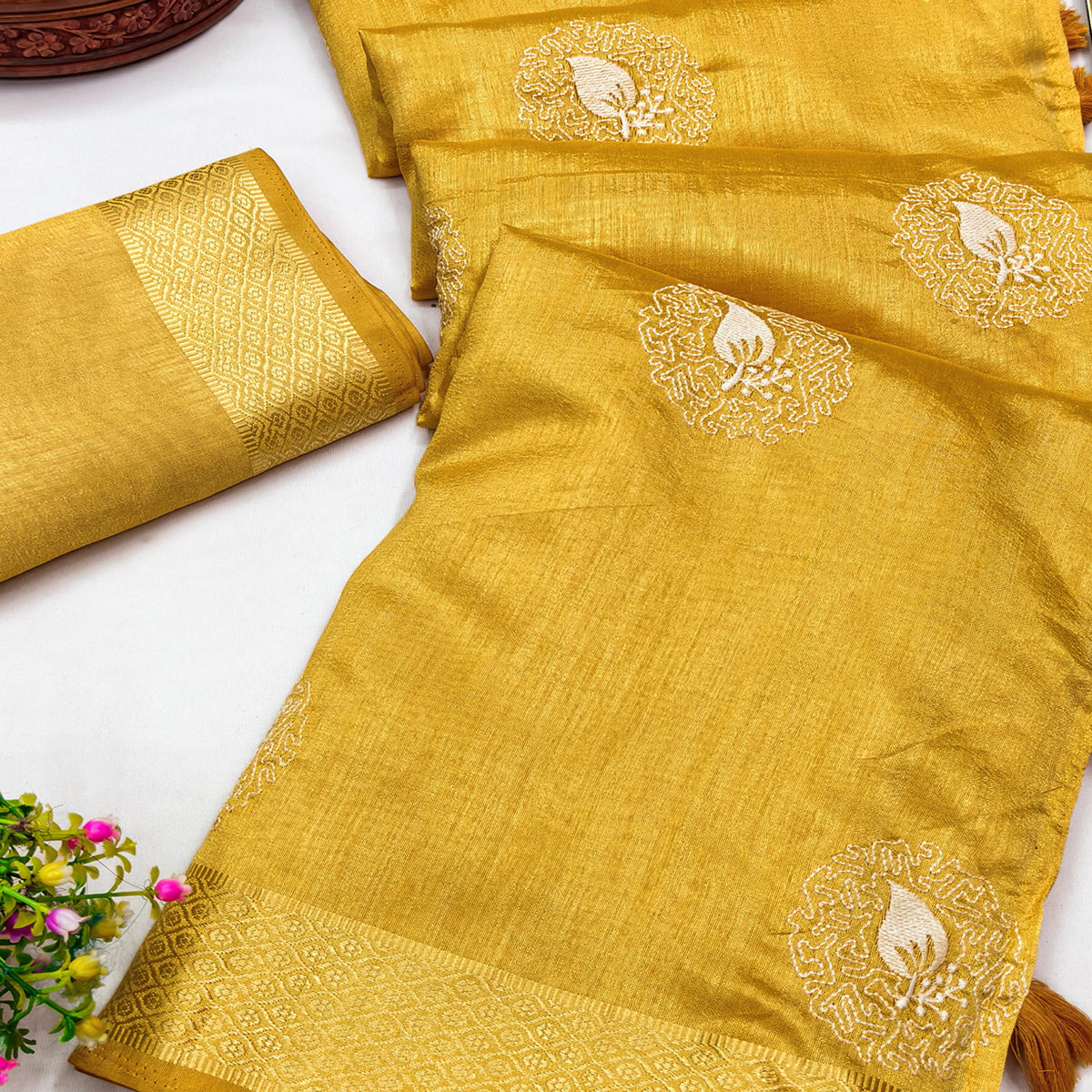 Yellow Embroidered Art Silk Saree Adorned with Classic Zari Weaving Details