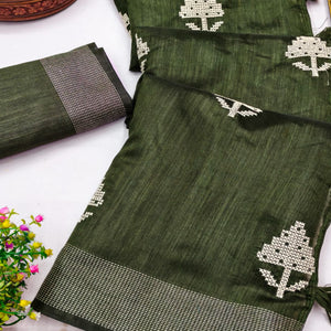 Mehendi Green Embroidered Art Silk Saree Adorned with Classic Zari Weaving Details