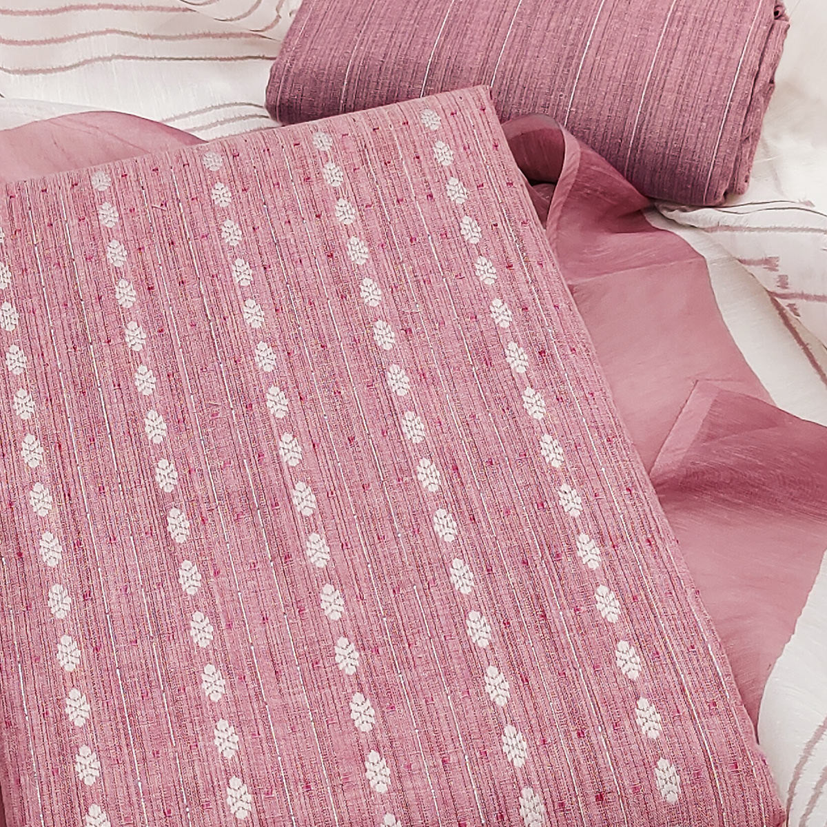 Classic Rose Pink Pure Cotton Dress Material Featuring Intricate Weaving