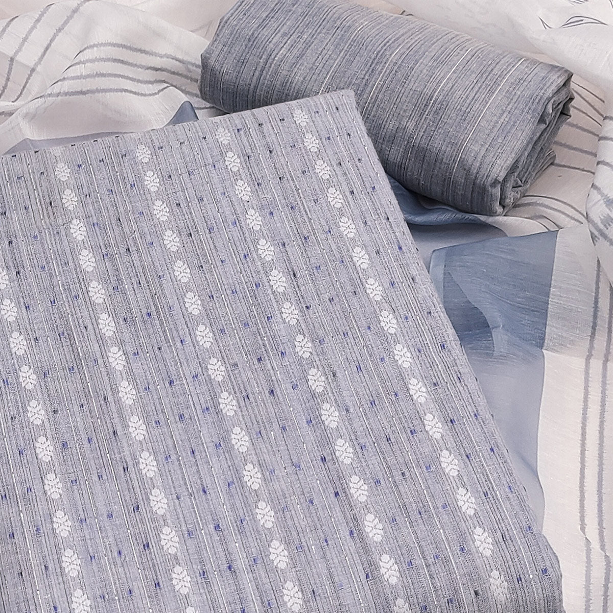 Classic Sky Blue Pure Cotton Dress Material Featuring Intricate Weaving