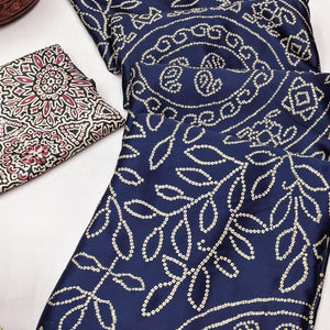 Blue Moss Satin Silk Saree Featuring Bandhani Print & Ajrakh Pallu Work