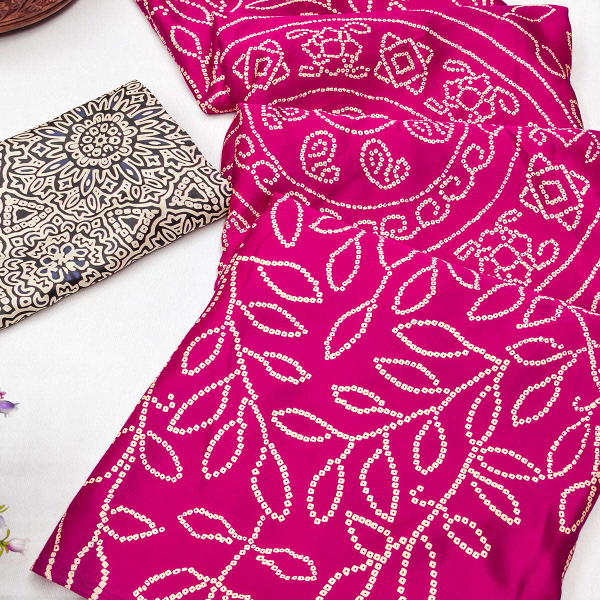 Pink Moss Satin Silk Saree Featuring Bandhani Print & Ajrakh Pallu Work