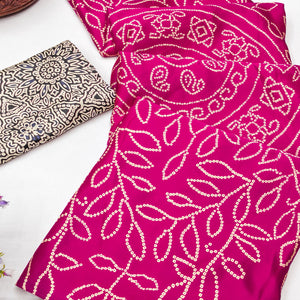 Pink Moss Satin Silk Saree Featuring Bandhani Print & Ajrakh Pallu Work