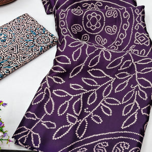 Violet Moss Satin Silk Saree Featuring Bandhani Print & Ajrakh Pallu Work