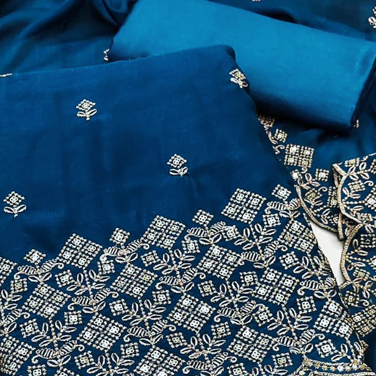 Festive Wear Teal Vichitra Silk Dress Material with Sequins Embellishment