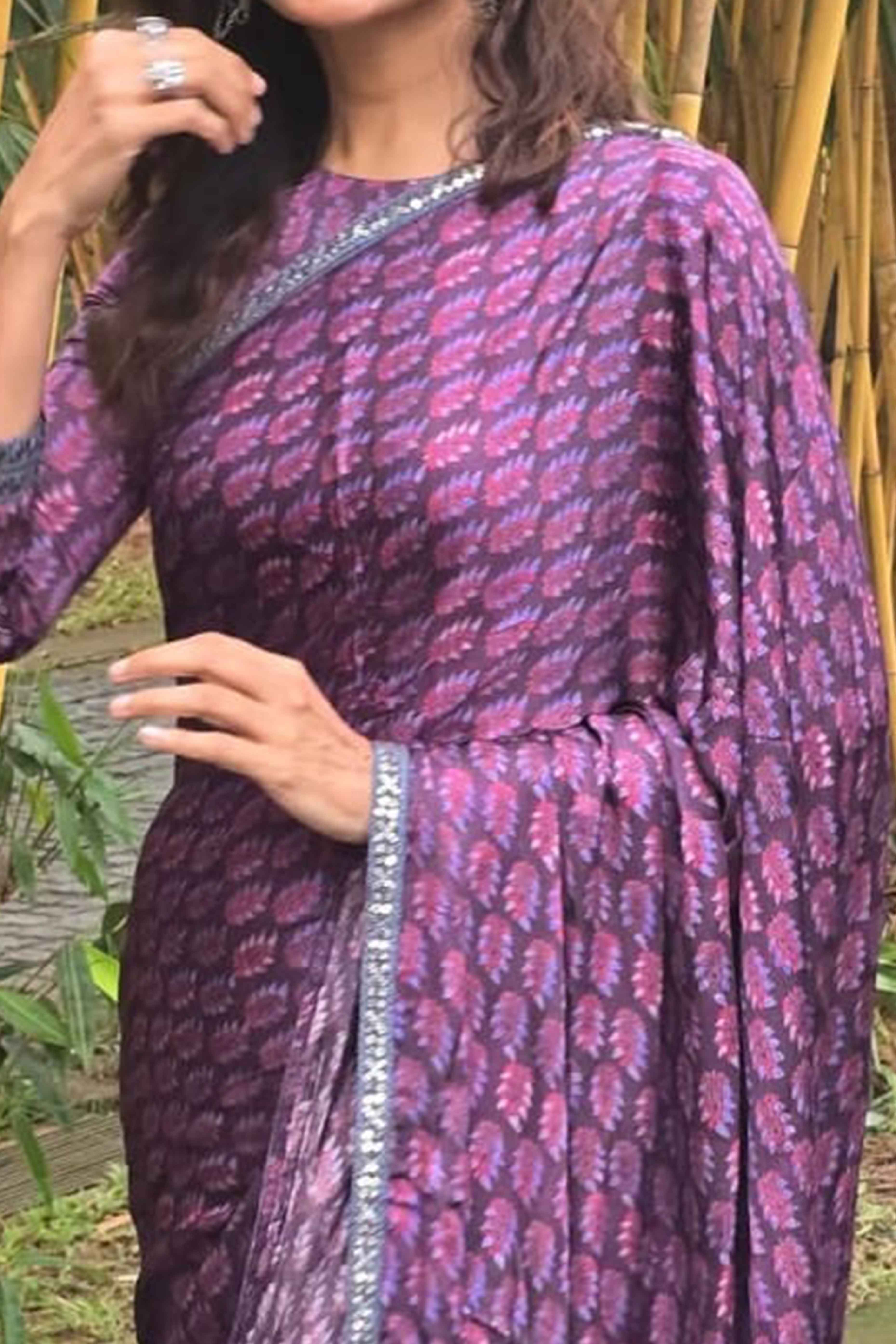 Floral Printed Purple Crepe Silk Saree with Delicate Sequins Border
