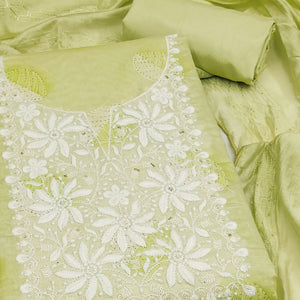 Green Chanderi Cotton Dress Material Adorned With Floral Thread Embroidery & Sequins Work