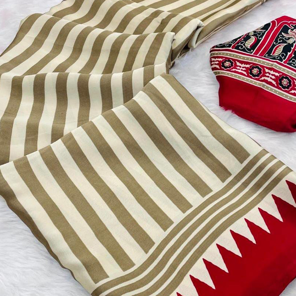 Timeless Chikoo & Red Crepe Silk Blend Saree Featuring Stylish Striped Print Work