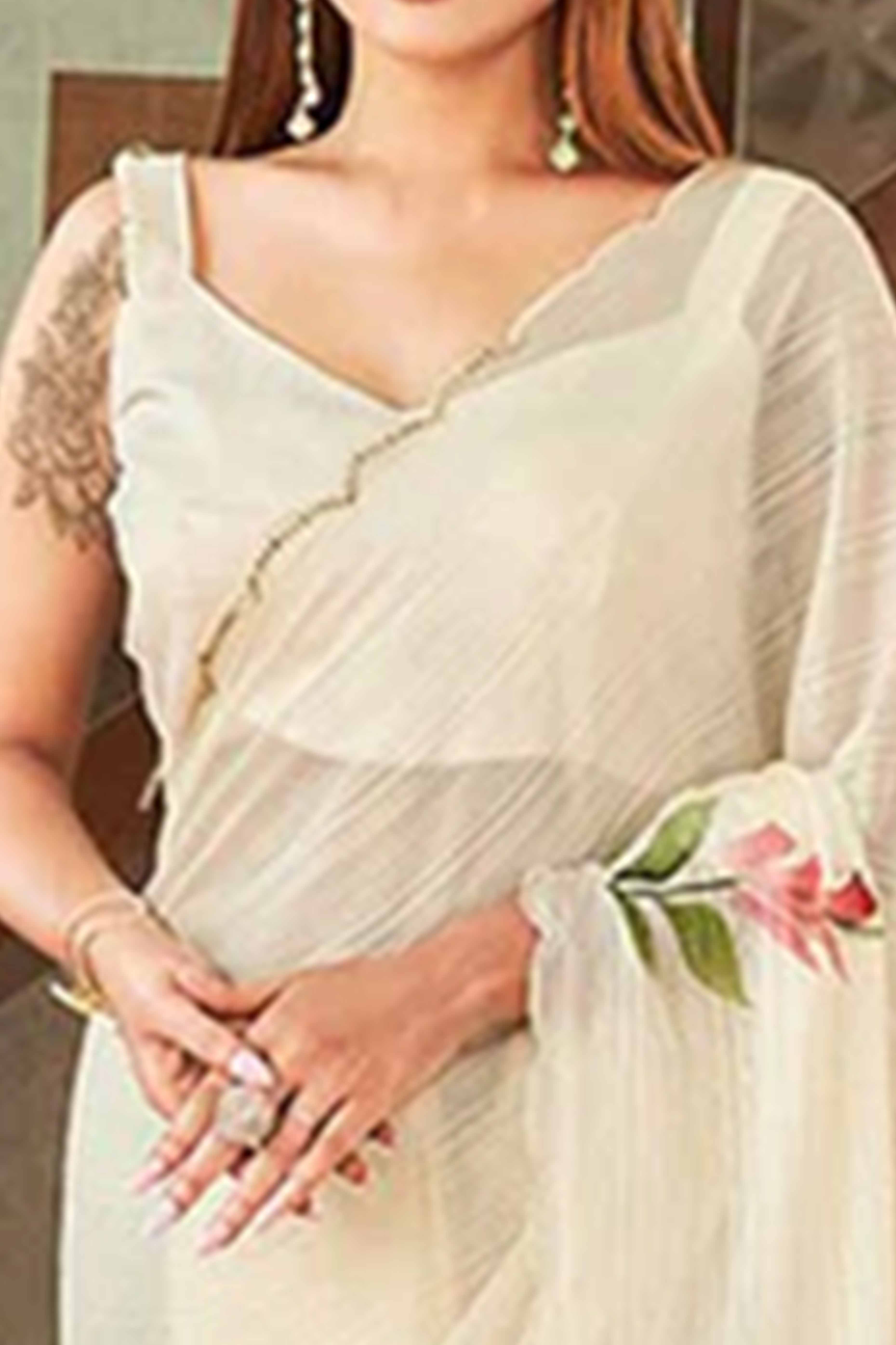 Graceful Offwhite Chiffon Saree With Delicate Floral Print & Elegant Piping Border Work