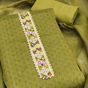 Green Floral Digital Printed Art Silk Dress Material With Sparkling Sequins Embroidery