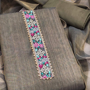 Grey Floral Digital Printed Art Silk Dress Material With Sparkling Sequins Embroidery