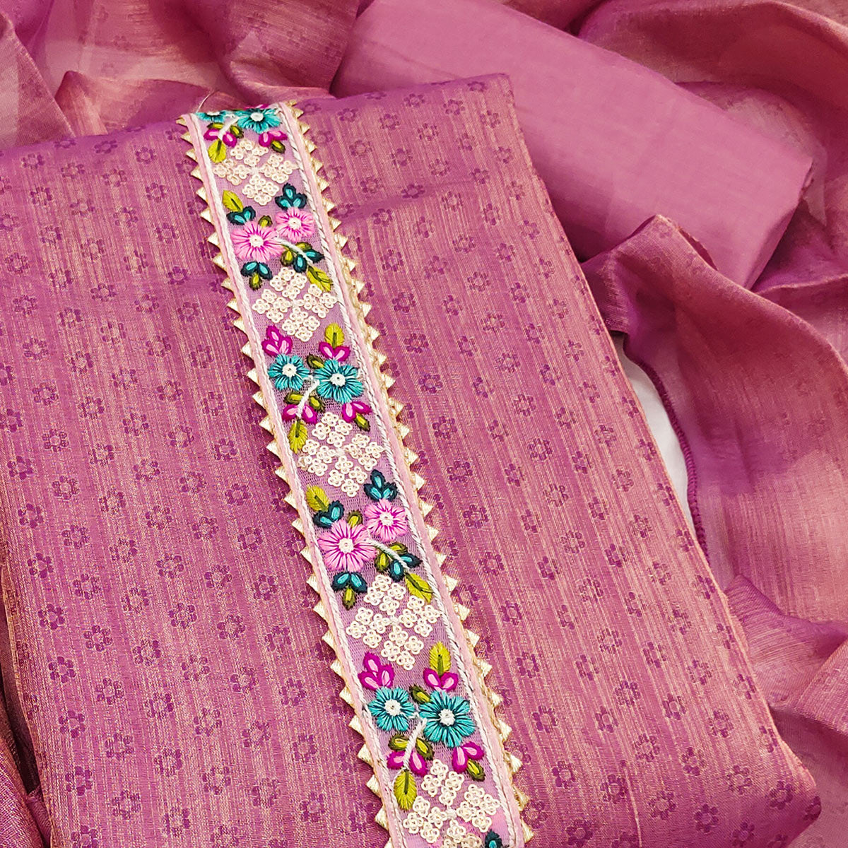 Pink Floral Digital Printed Art Silk Dress Material With Sparkling Sequins Embroidery