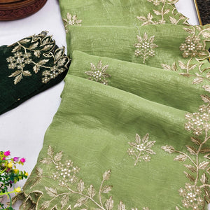 Regal Green Chiffon Saree Adorned with Intricate Golden Embroidery