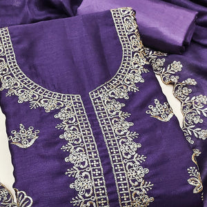 Light Violet Thread Embroidered Vichitra Silk Dress Material Perfect for Party & Festive Wear