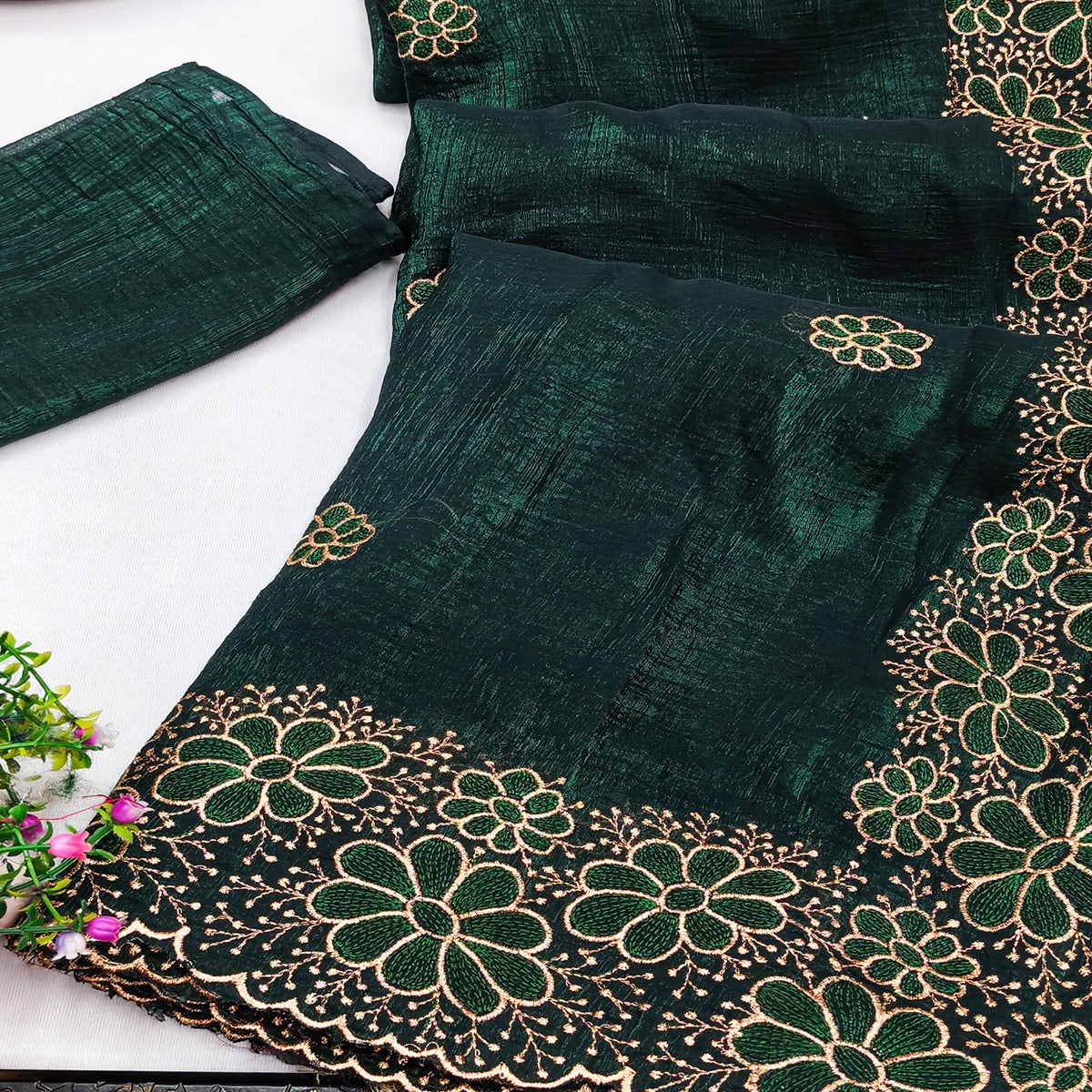 Green Partywear Saree in Soft Chiffon with Intricate Floral Embroidery
