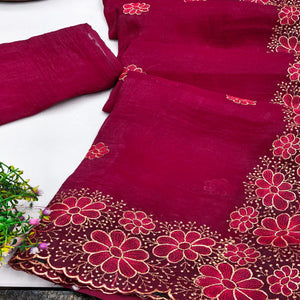 Pink Partywear Saree in Soft Chiffon with Intricate Floral Embroidery