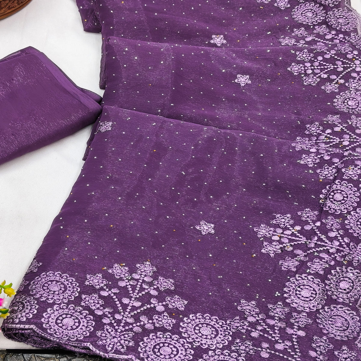Lavender Chiffon Saree Featuring Delicate Floral Embroidery & Shimmering Stone Work