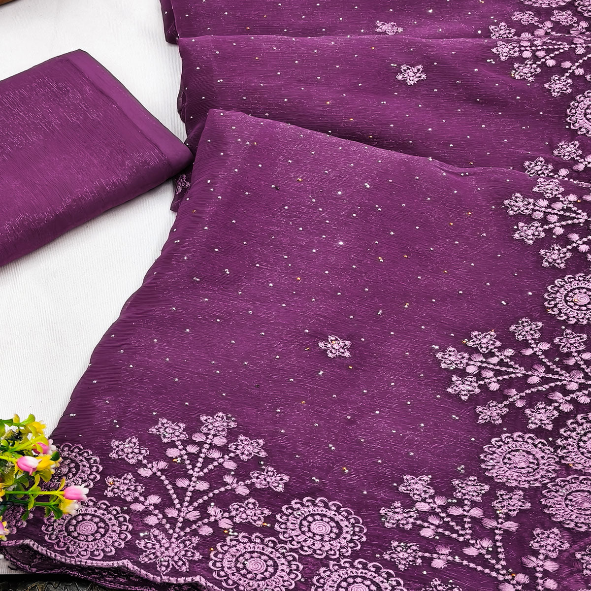 Purple Chiffon Saree Featuring Delicate Floral Embroidery & Shimmering Stone Work