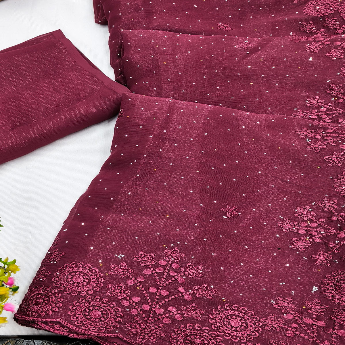 Wine Chiffon Saree Featuring Delicate Floral Embroidery & Shimmering Stone Work