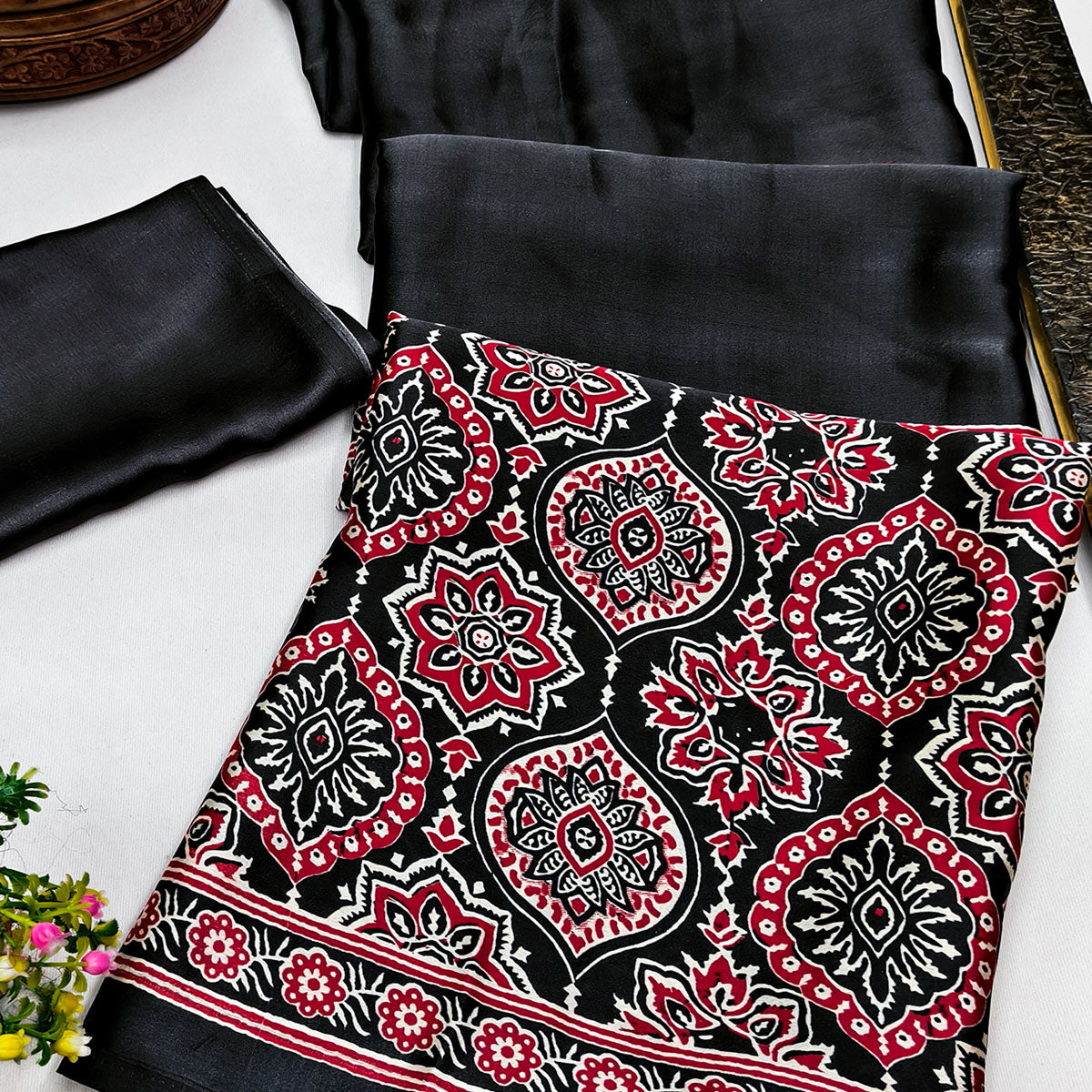 Heritage Inspired Black Crepe Silk Saree Featuring Ajrakh Block Print