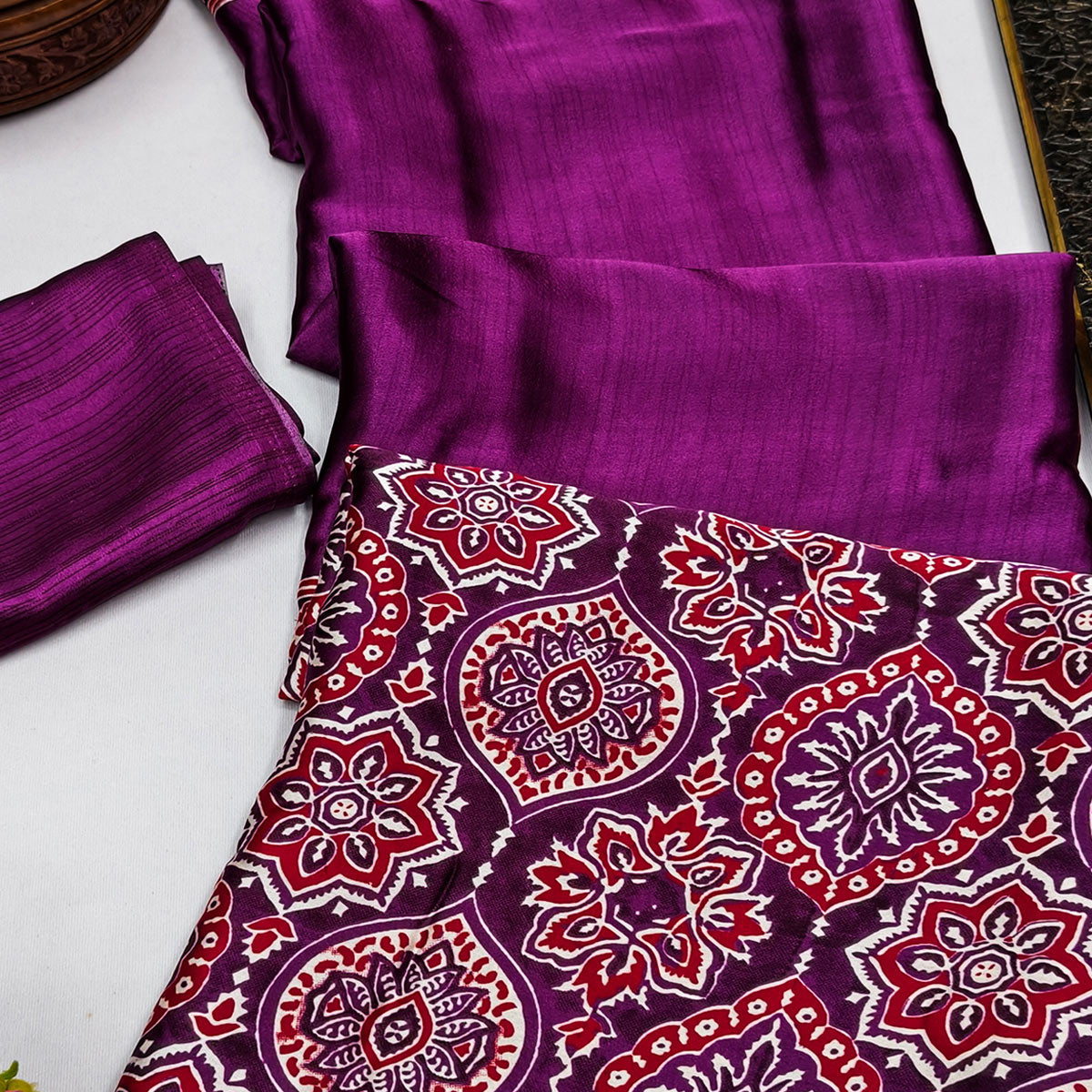 Heritage Inspired Magenta Crepe Silk Saree Featuring Ajrakh Block Print