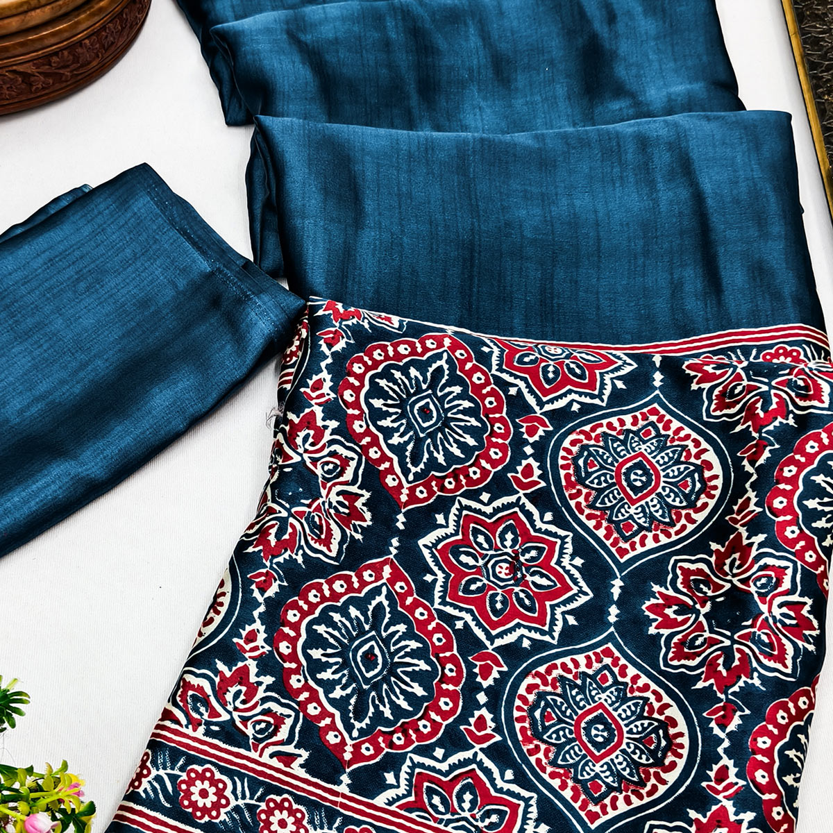 Heritage Inspired Teal Crepe Silk Saree Featuring Ajrakh Block Print