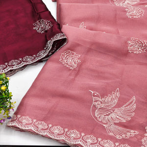 Lightweight Chiffon Saree in Dusty Pink with Exquisite Thread Embroidered Detailing