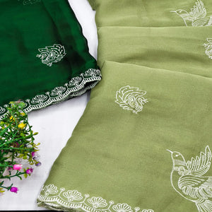 Lightweight Chiffon Saree in Green with Exquisite Thread Embroidered Detailing