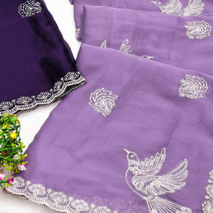 Lightweight Chiffon Saree in Lavender with Exquisite Thread Embroidered Detailing