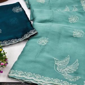 Lightweight Chiffon Saree in Turquoise with Exquisite Thread Embroidered Detailing