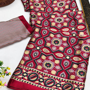 Modern Style Maroon Ajrakh Printed Crepe Silk Saree for Elegant Party Occasions