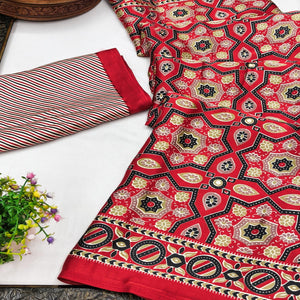 Modern Style Red Ajrakh Printed Crepe Silk Saree for Elegant Party Occasions