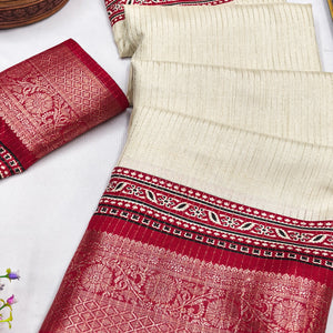 Graceful Light Chikoo Dola Silk Saree Featuring Striped Weave & Floral Border