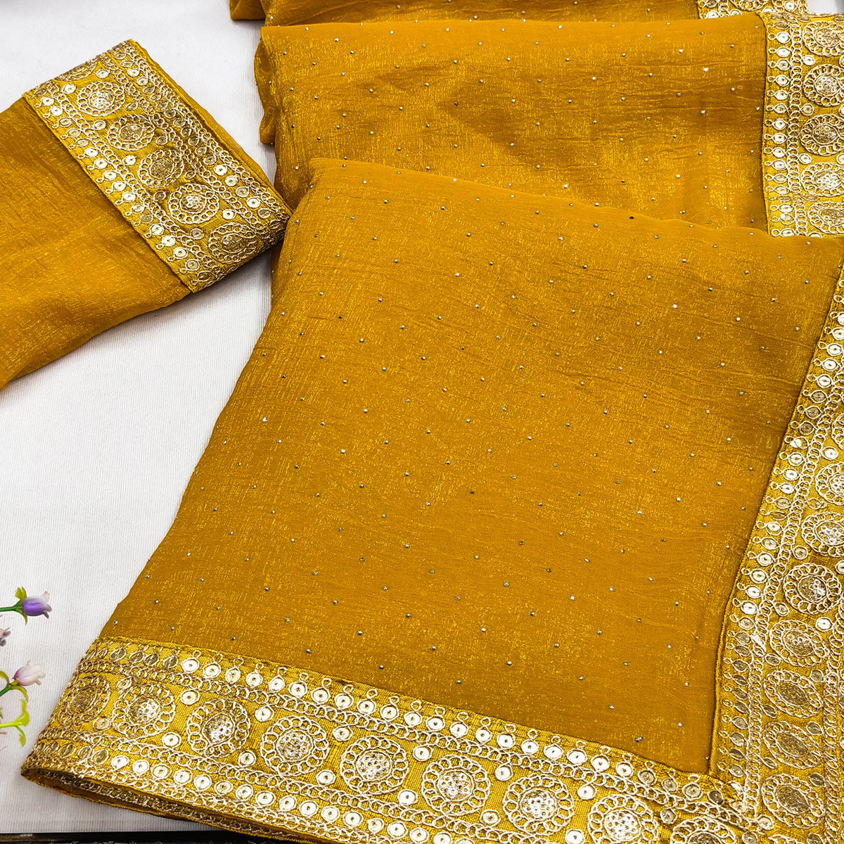 Graceful Mustard Chiffon Saree Adorned With Stonework & Sequins Embroidered Border