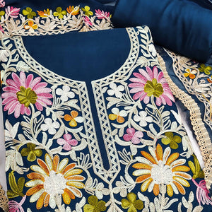 Elegant Blue Floral Thread Embroidered Rayon Dress Material
