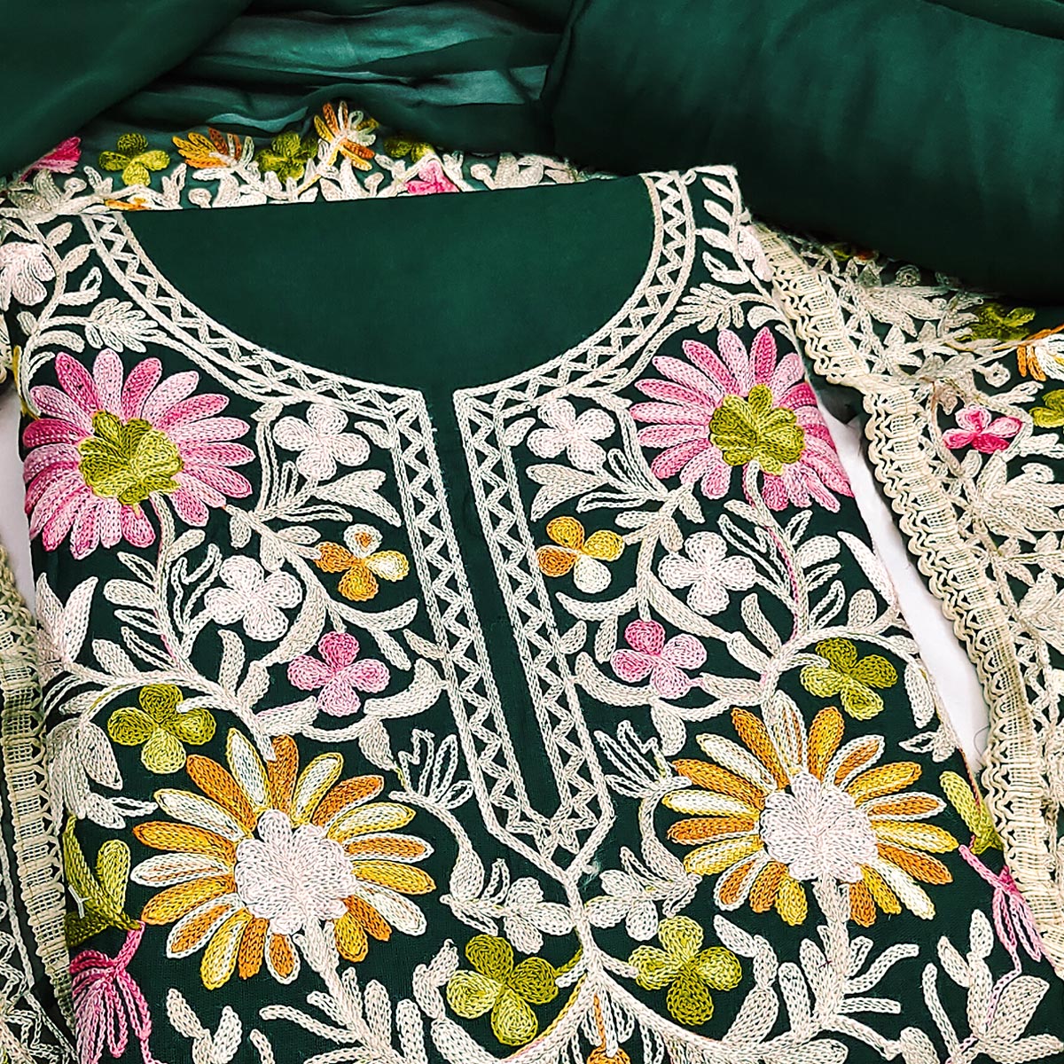 Elegant Green Floral Thread Embroidered Rayon Dress Material