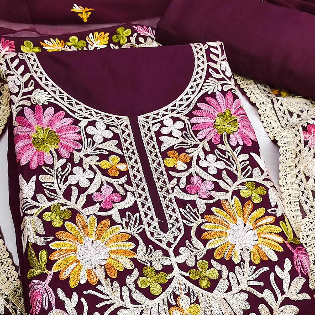 Elegant Wine Floral Thread Embroidered Rayon Dress Material