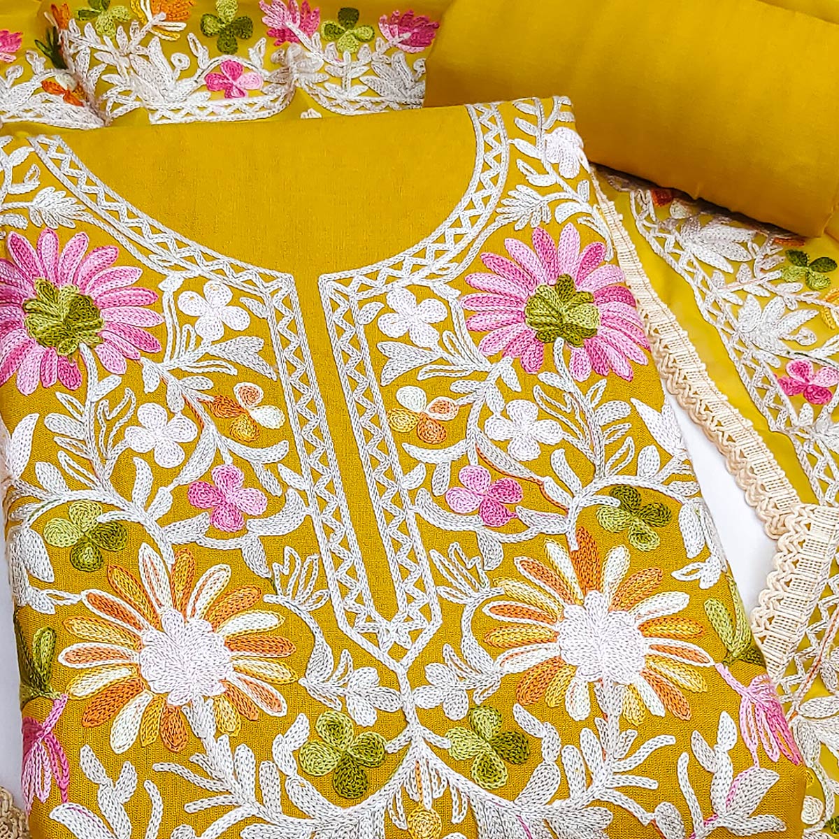 Elegant Yellow Floral Thread Embroidered Rayon Dress Material