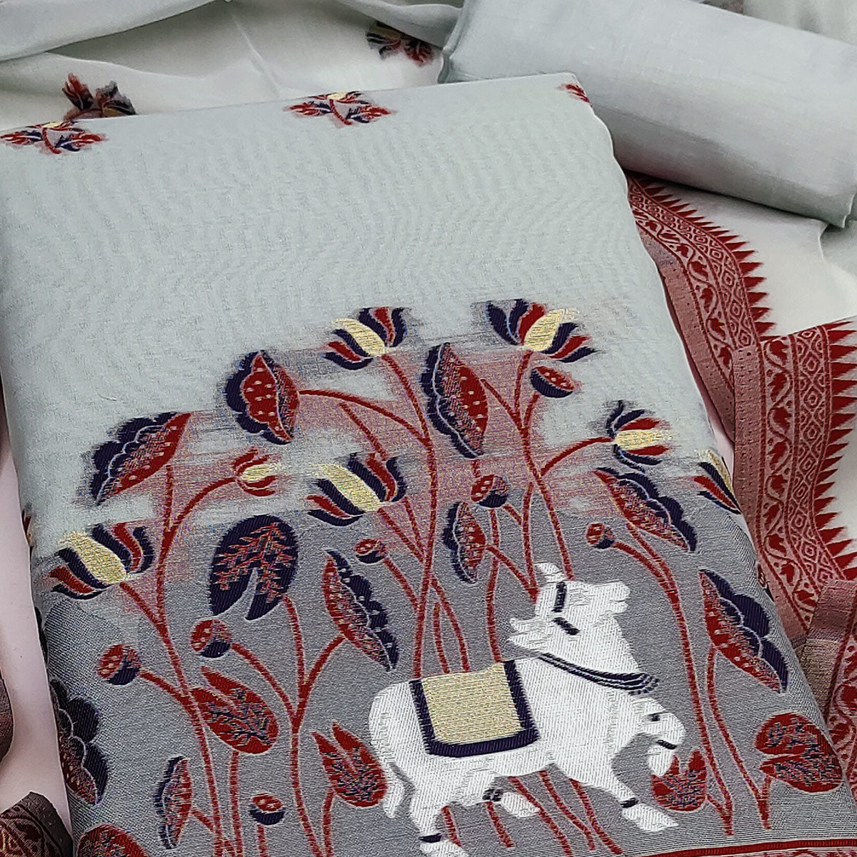 Premium Grey Chanderi Silk Weaving Dress Material With Artistic Floral & Animal Motifs