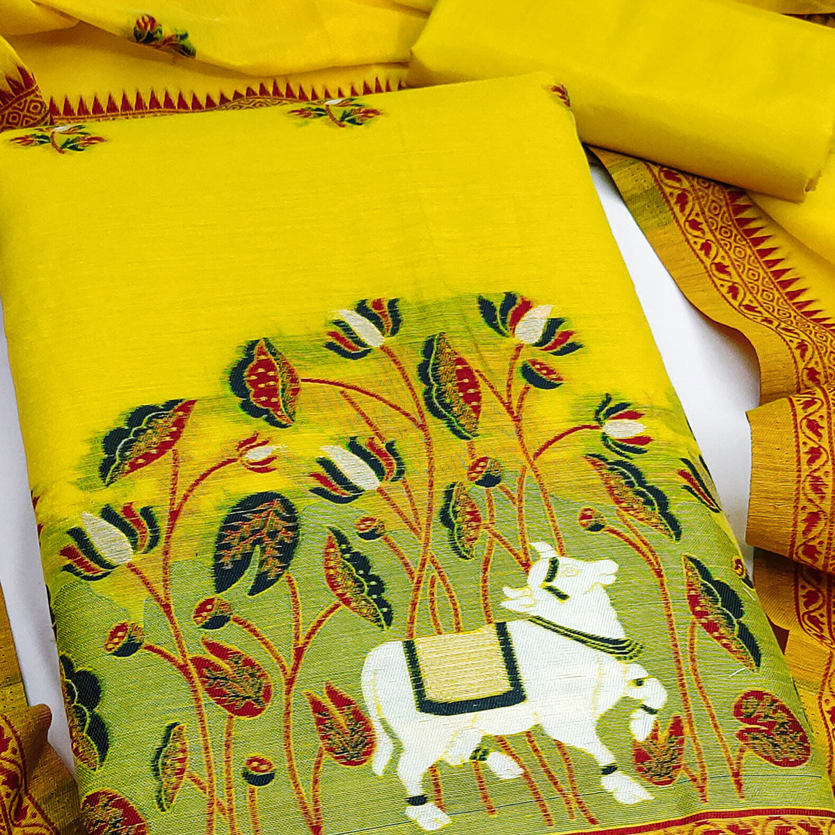 Premium Yellow Chanderi Silk Weaving Dress Material With Artistic Floral & Animal Motifs