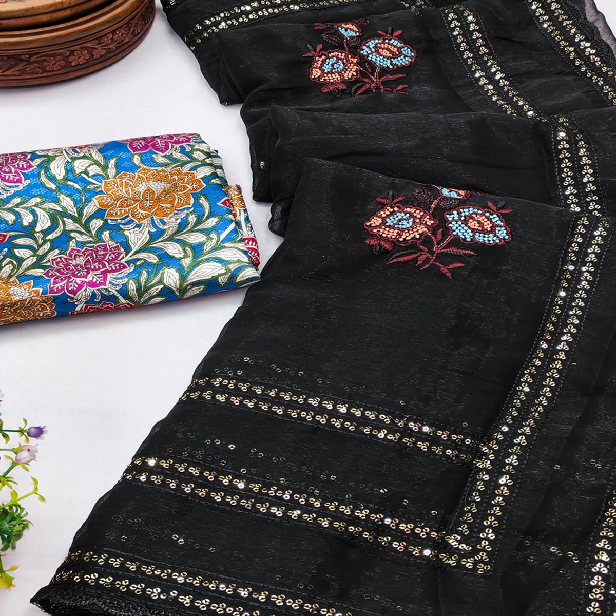 Black Floral Sequins Embroidered Organza Saree for Special Occasions