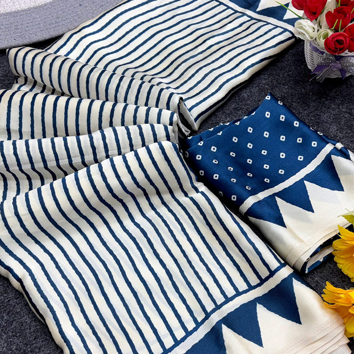 Party Perfect Off White & Blue Saree Crafted in Cream Crepe Fabric with Striped Print