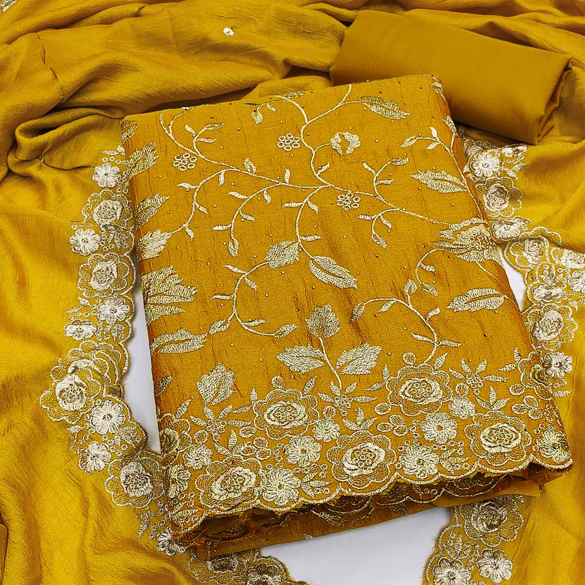 Mustard Vichitra Silk Dress Material With Delicate Floral Embroidery & Sparkling Stone Accents