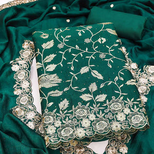 Teal Green Vichitra Silk Dress Material With Delicate Floral Embroidery & Sparkling Stone Accents