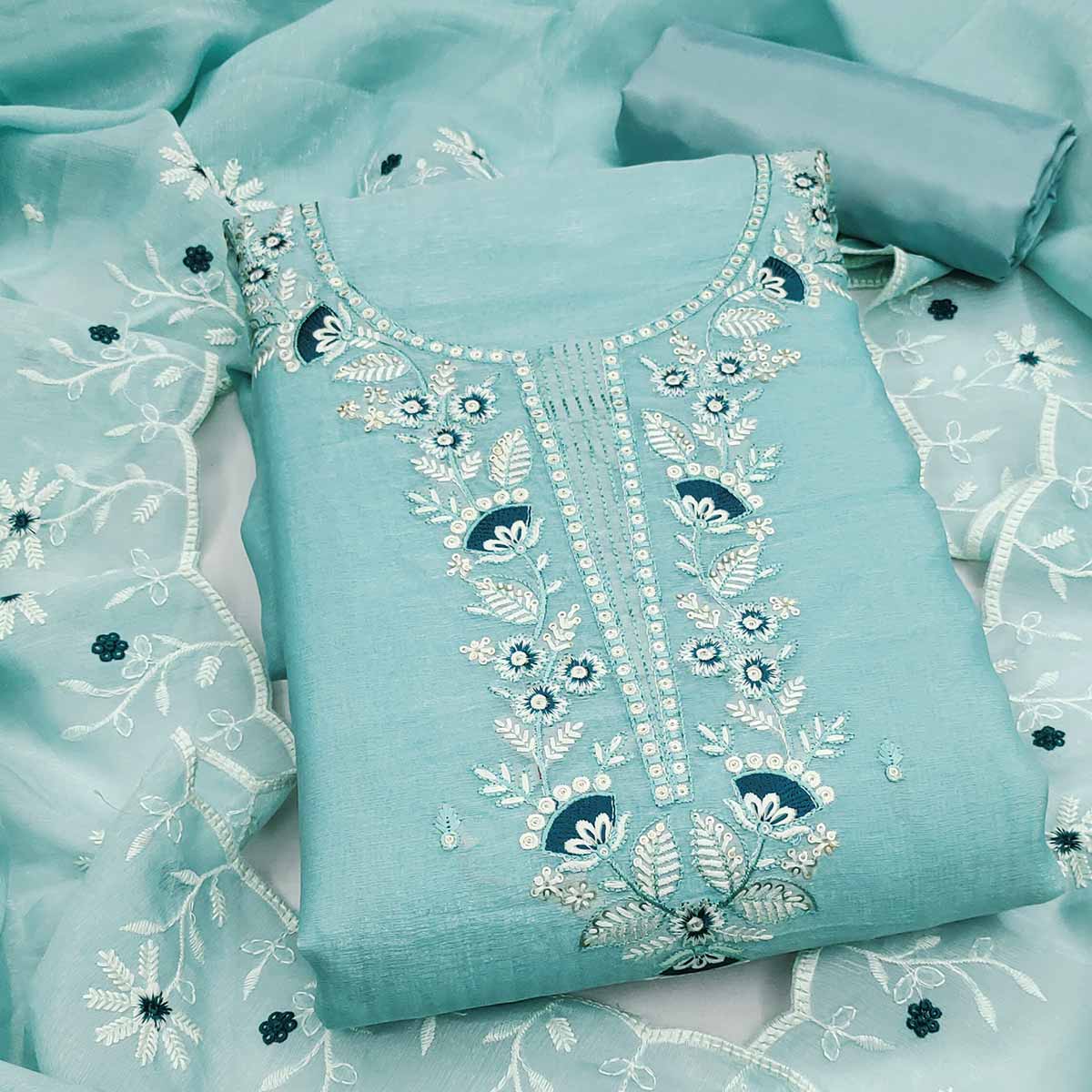 Blue Art Silk Dress Material With Graceful Floral Thread Embroidery & Sparkling Sequins