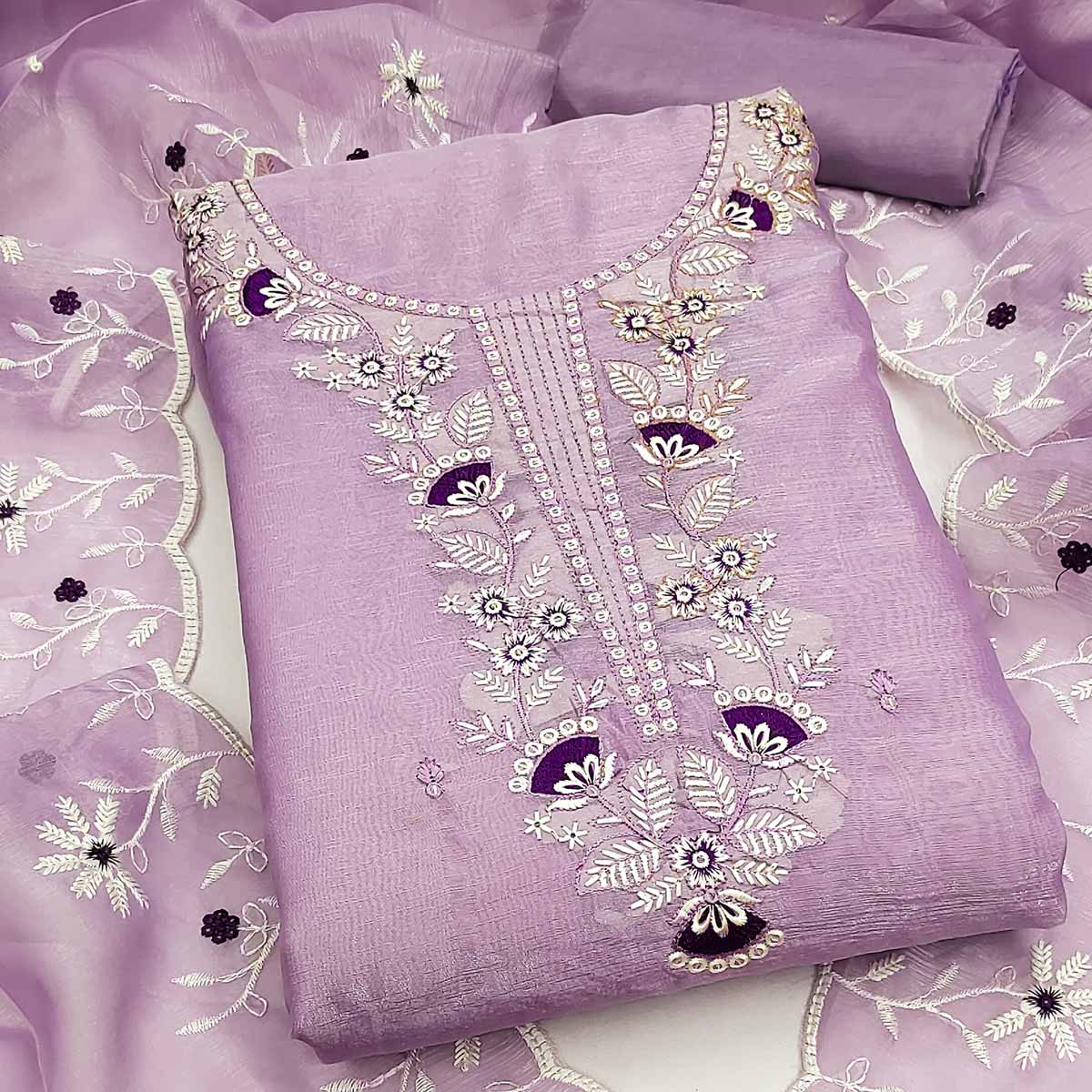 Lavender Art Silk Dress Material With Graceful Floral Thread Embroidery & Sparkling Sequins
