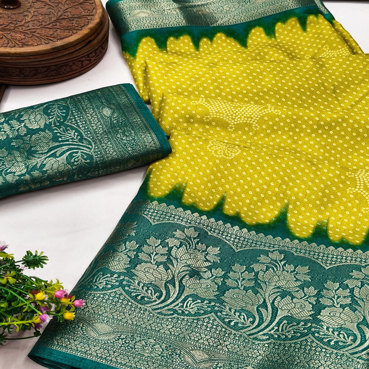 Lemon Green Bandhani Printed Dola Silk Saree Adorned With Luxe Floral Weaving Border Work