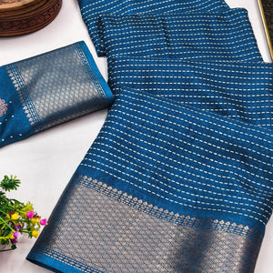 Stylish Blue Striped Print Dola Silk Saree Adorned With Textured Weaving Border