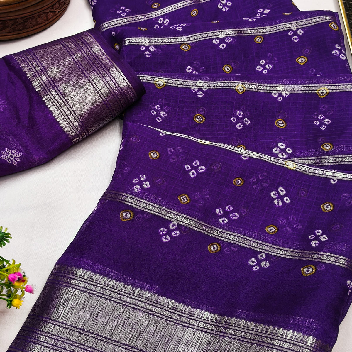 Classic Purple Art Silk Saree With Striped Weaving & Traditional Bandhani Print